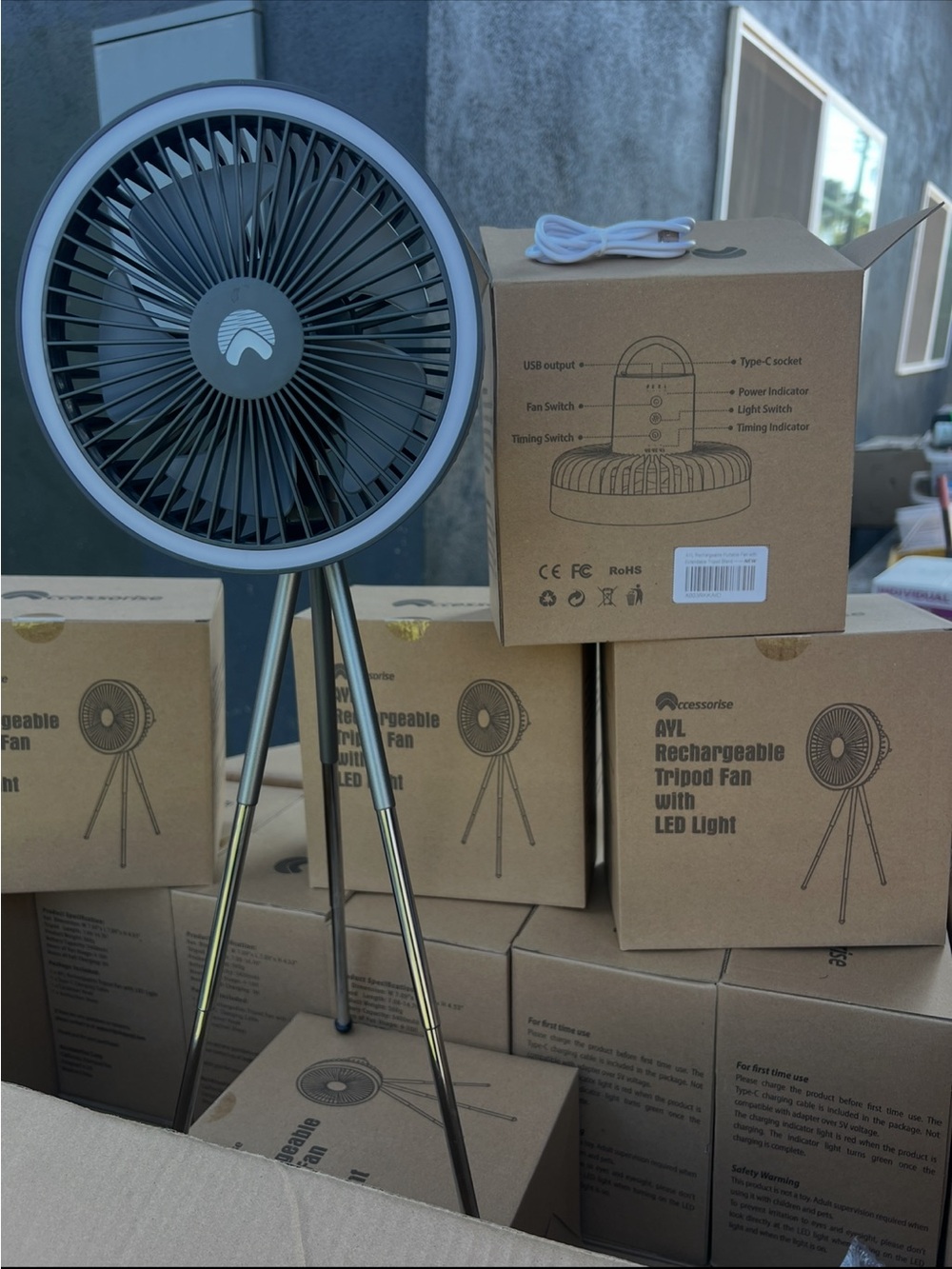 Rechargeable Tripod Fan with LED Light - Gray